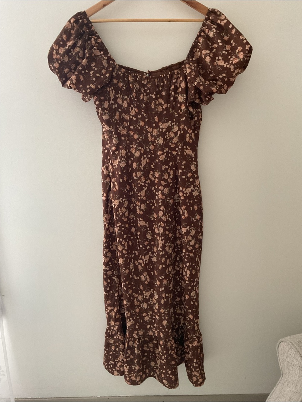 Lulus Remarkably Flourishing Brown Floral Puff-Sleeve Midi Dress Medium Event - Picture 8 of 15